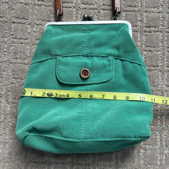 Fossil Fabric Top Clasp Purse Bag Green Pouch Wooden Handle VTG Boho Y2K - Picture 10 of 12
